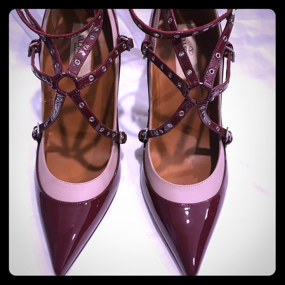 Valentino burgundy and nude patent heels
